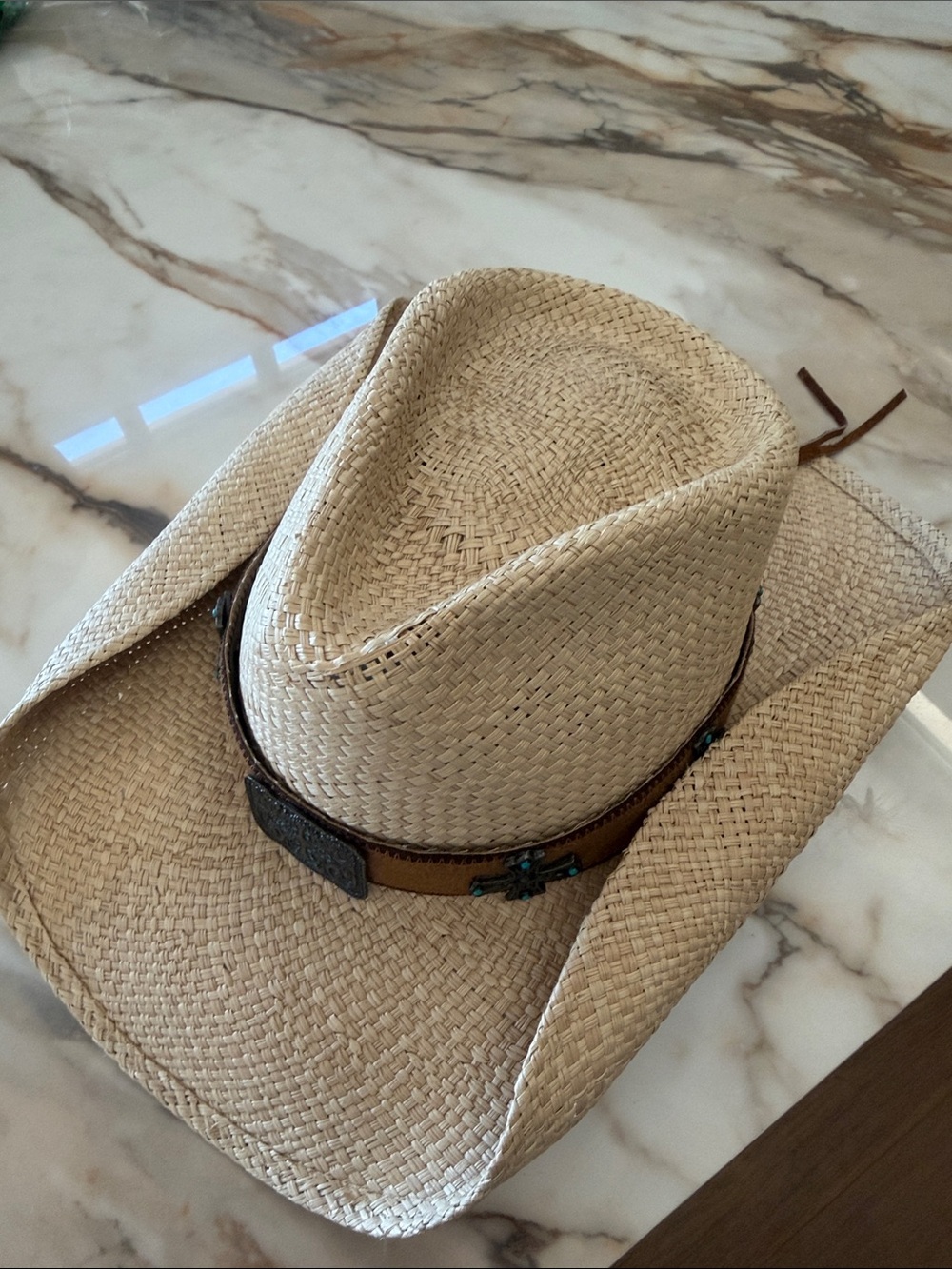 Women's Natural Straw Cowboy Hat with Brown Leather Band
